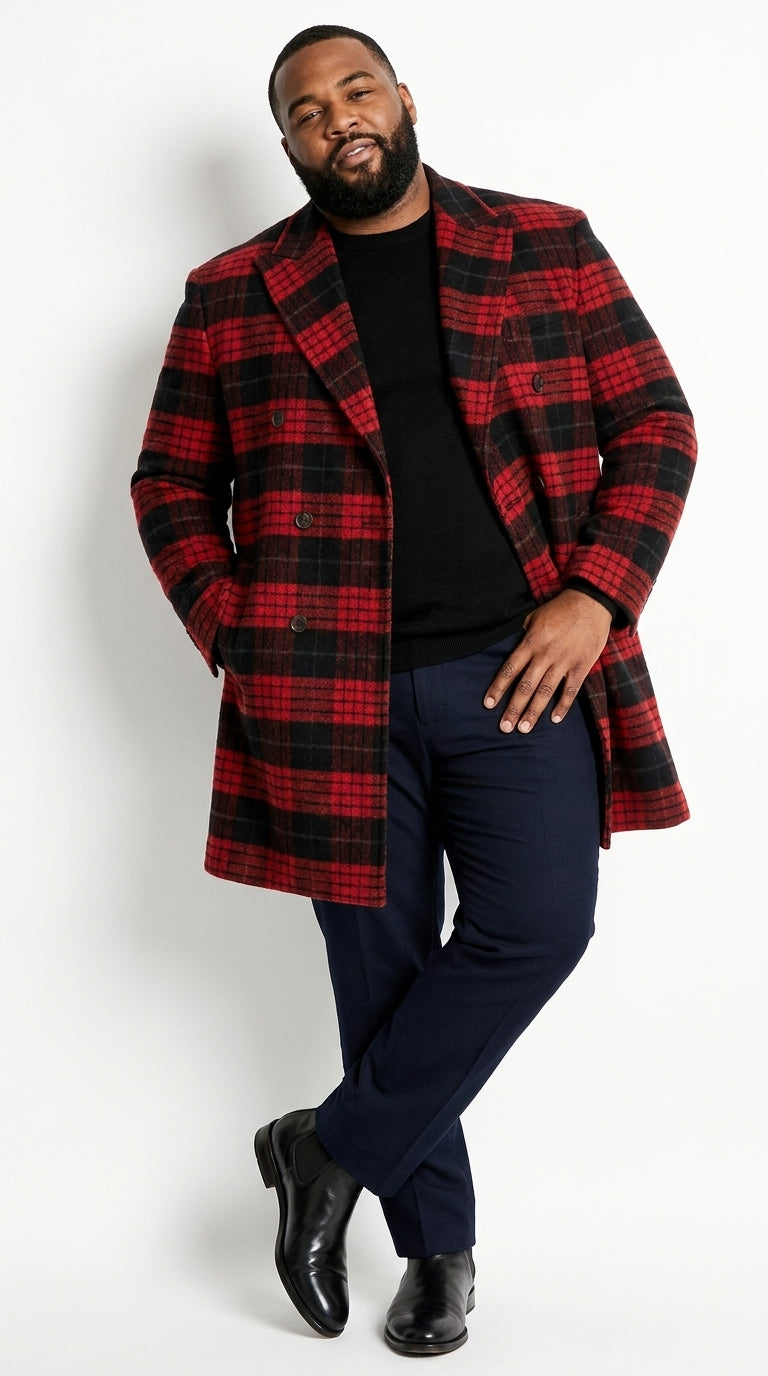 Men’s Red and Black Plaid Double-Breasted Overcoat – Wool-Blend Peacoat and Winter Topcoat