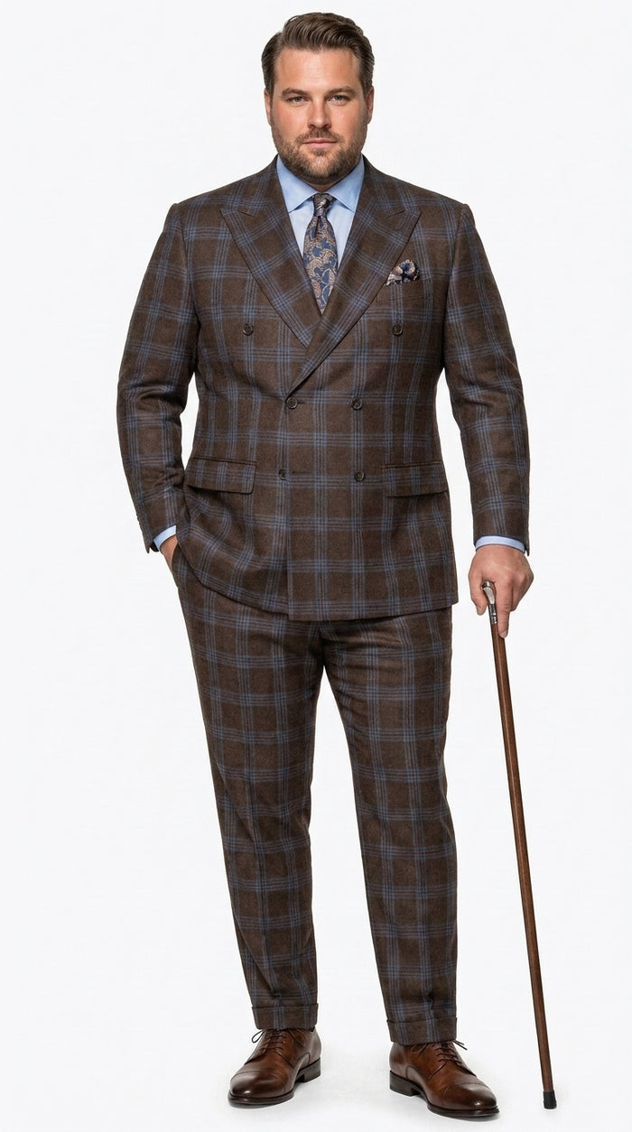 Statement Men’s Brown Plaid Double Breasted Suit, 2 Piece 100% Wool Modern Fit Dress Suit