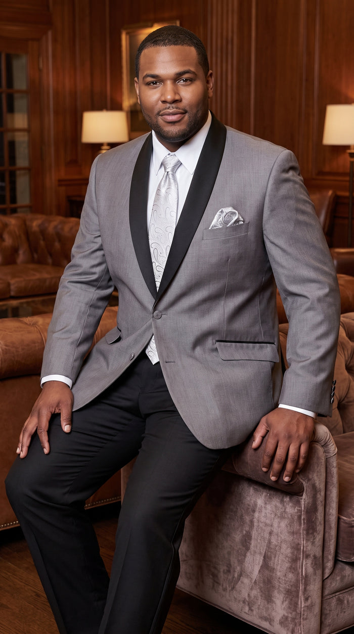 Men’s Grey Tuxedo Jacket with Black Shawl Lapel, 1 Button Formal Wedding Prom Blazer