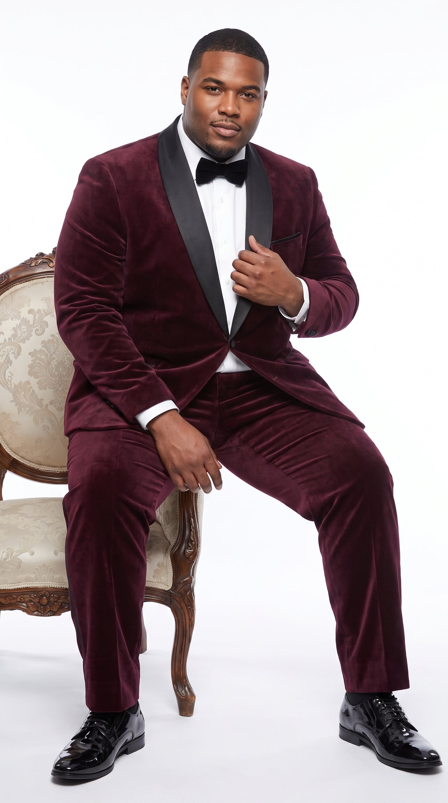 Men’s Maroon and Black Tuxedo Suit, 1 Button Burgundy Shawl Lapel Formal Wedding Prom Suit