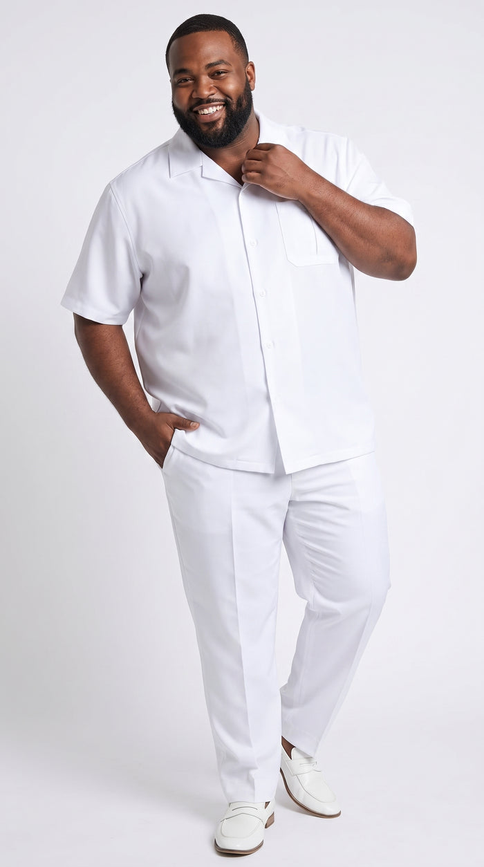 Men’s White Big and Tall Walking Suit, Short Sleeve Casual Shirt and Pants Set up to 6XL
