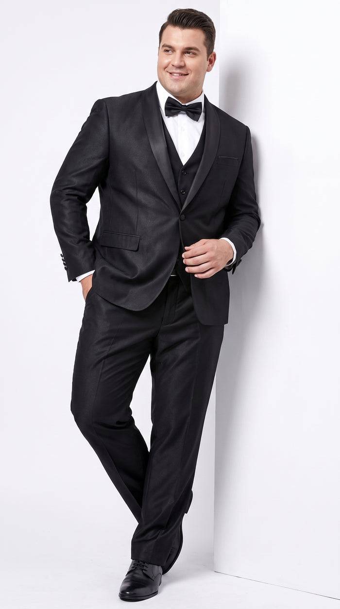Men’s Black Sharkskin Vested Tuxedo, 1 Button Shawl Lapel Formal Wedding Prom Suit