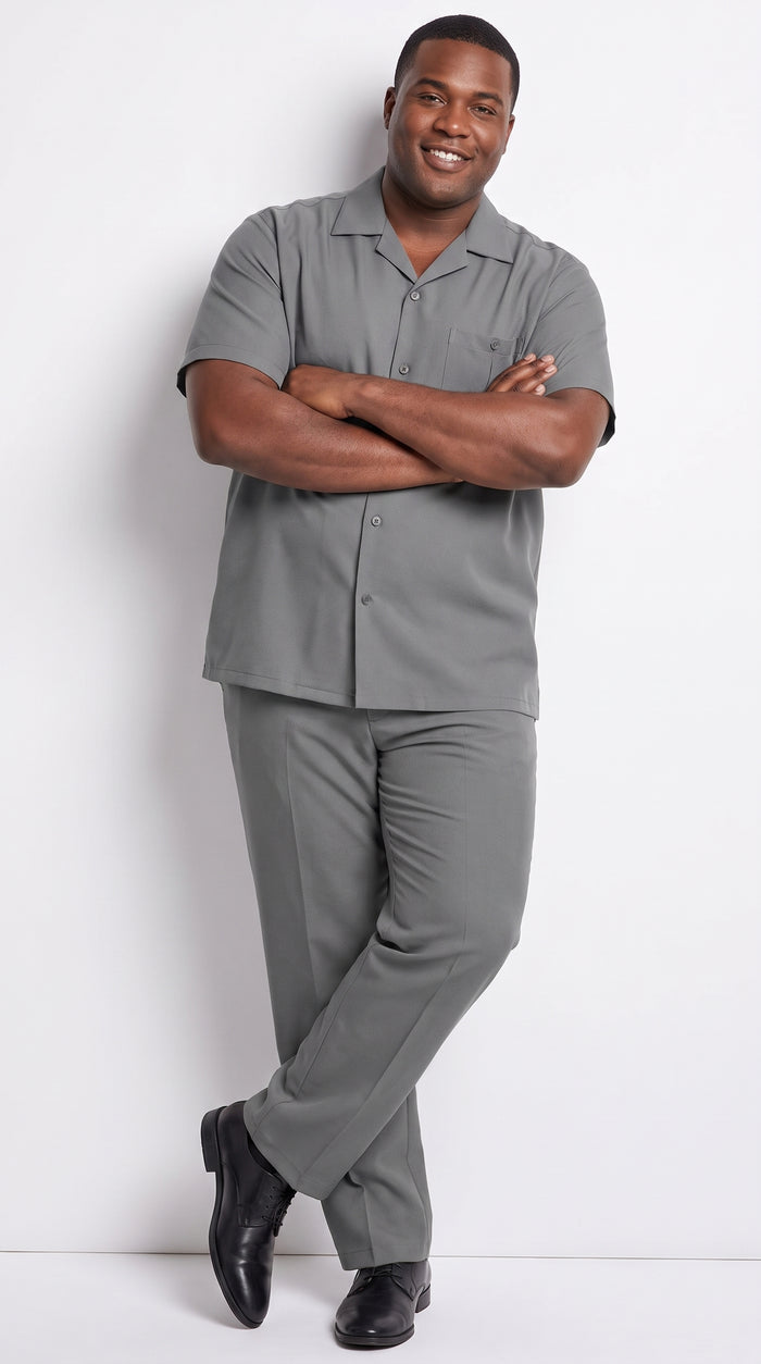 Men’s Grey Big and Tall Walking Suit, Short Sleeve Casual Shirt and Pants Set up to 6XL