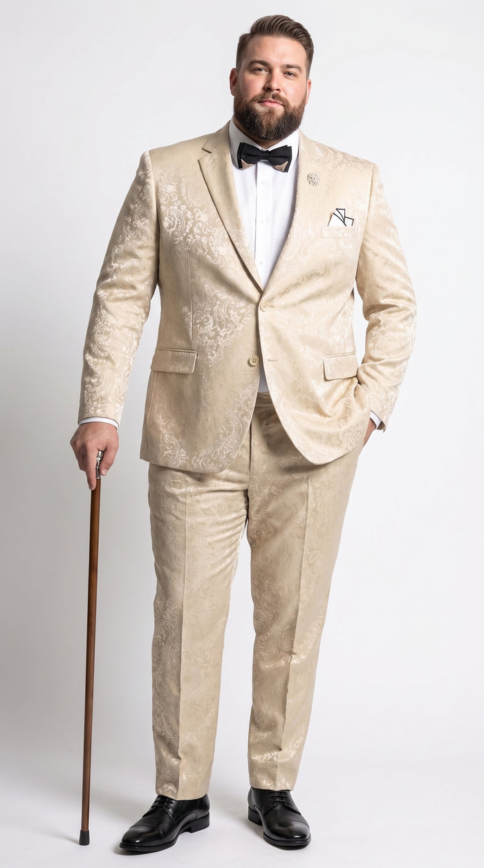 Men’s Champagne Paisley 2 Piece Prom Tuxedo, Formal Wedding Dinner Jacket Suit