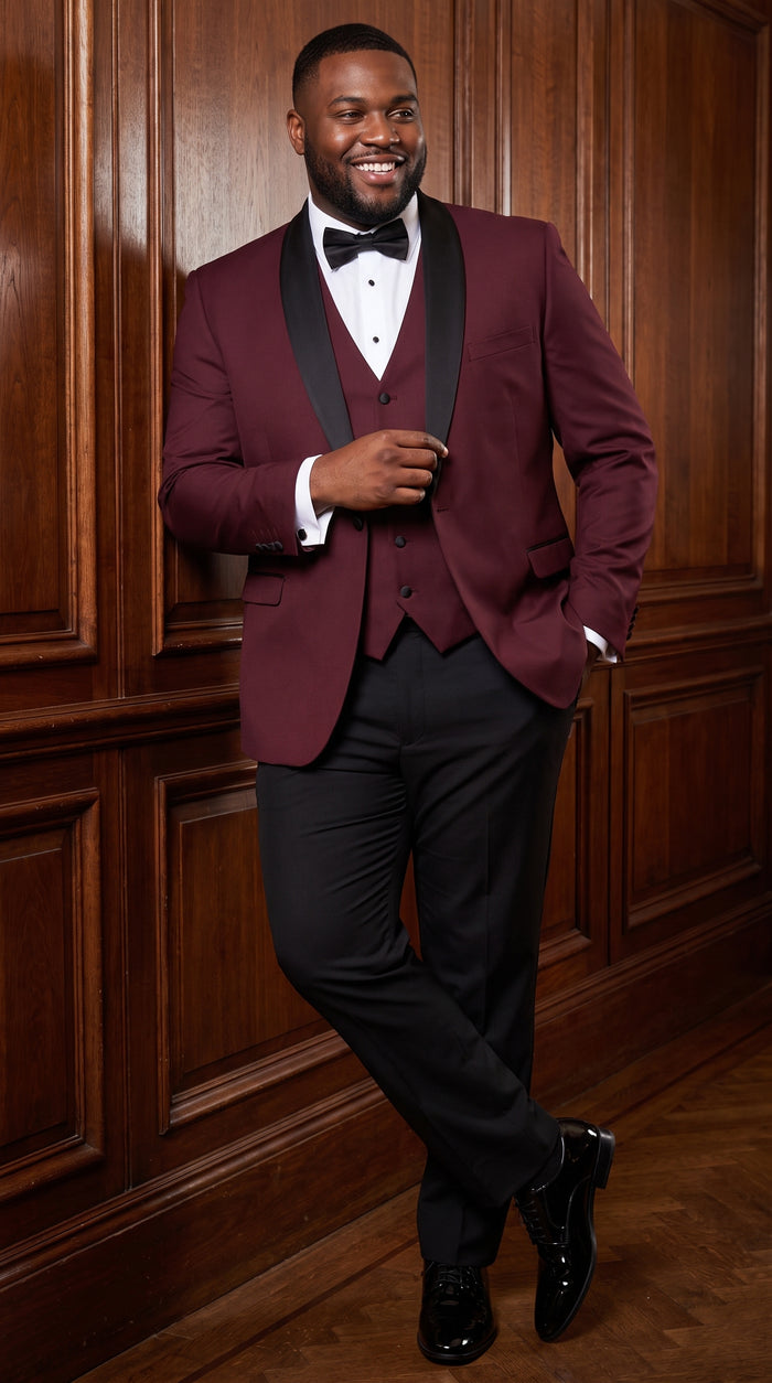Men’s Burgundy and Black Wool Shawl Lapel Tuxedo Set – Formal Wedding Prom Dinner Suit