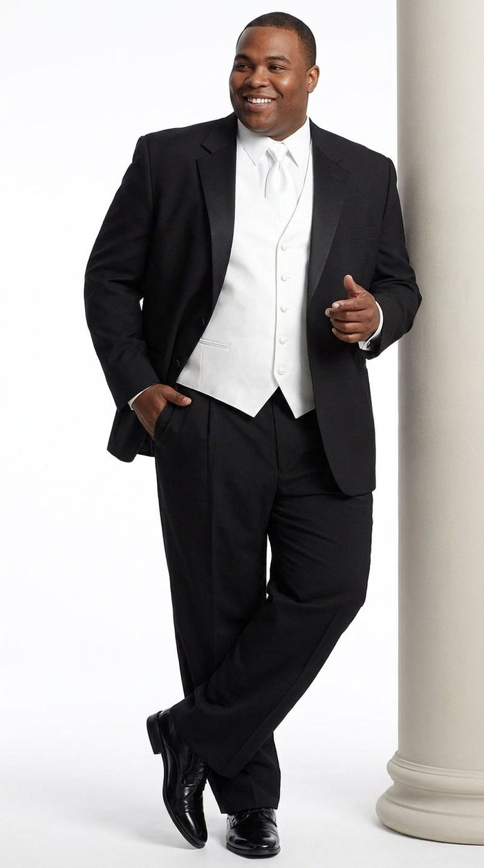 Men’s Black Super 120s Tuxedo Package Deal, 2 Button Formal Suit with White Shirt, Tie and Vest