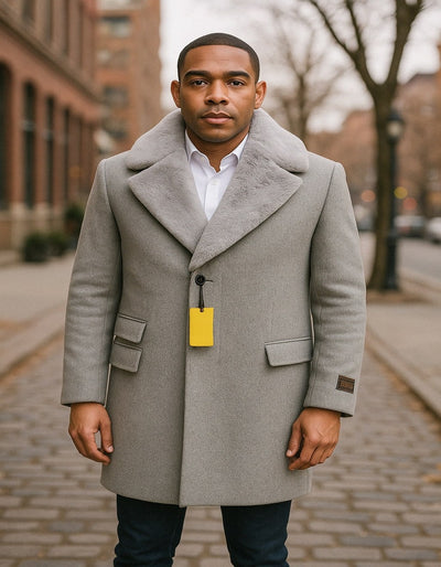 Men’s Grey Wool Overcoat with Plush Faux Fur Shawl Collar – Winter Luxury Coat