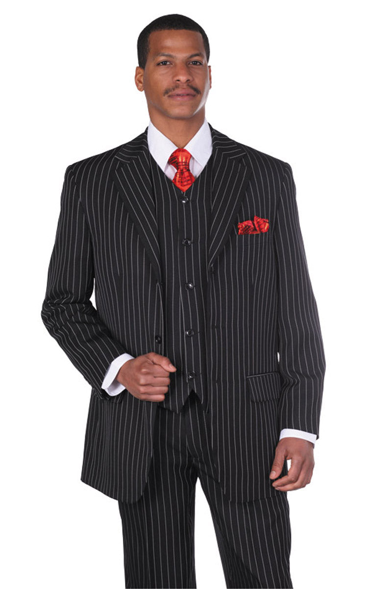 1920s Gangster Pinstripe Suit with Vest - Black
