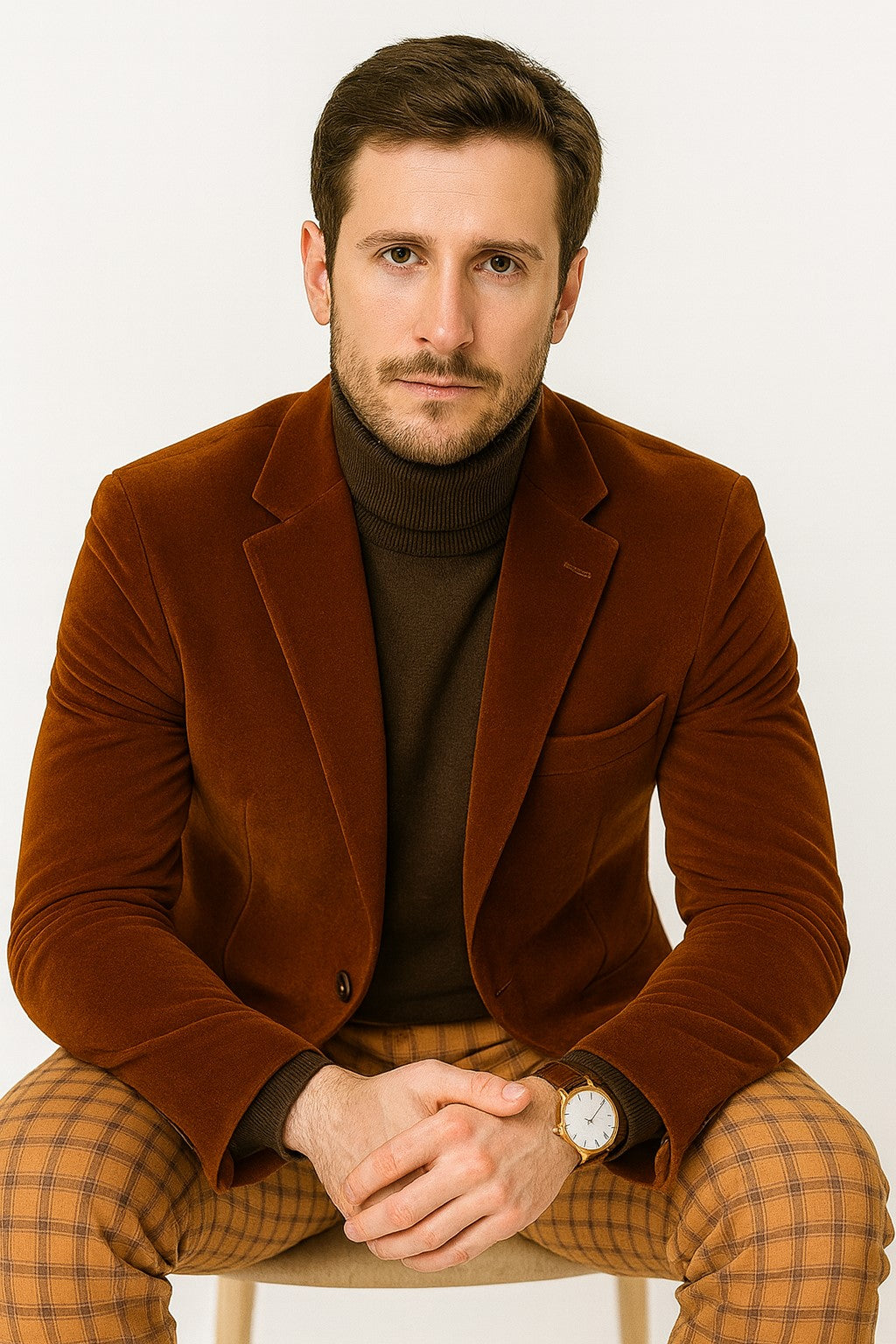 Mens Velvet Jacket Rust Tailored Fit Blazer