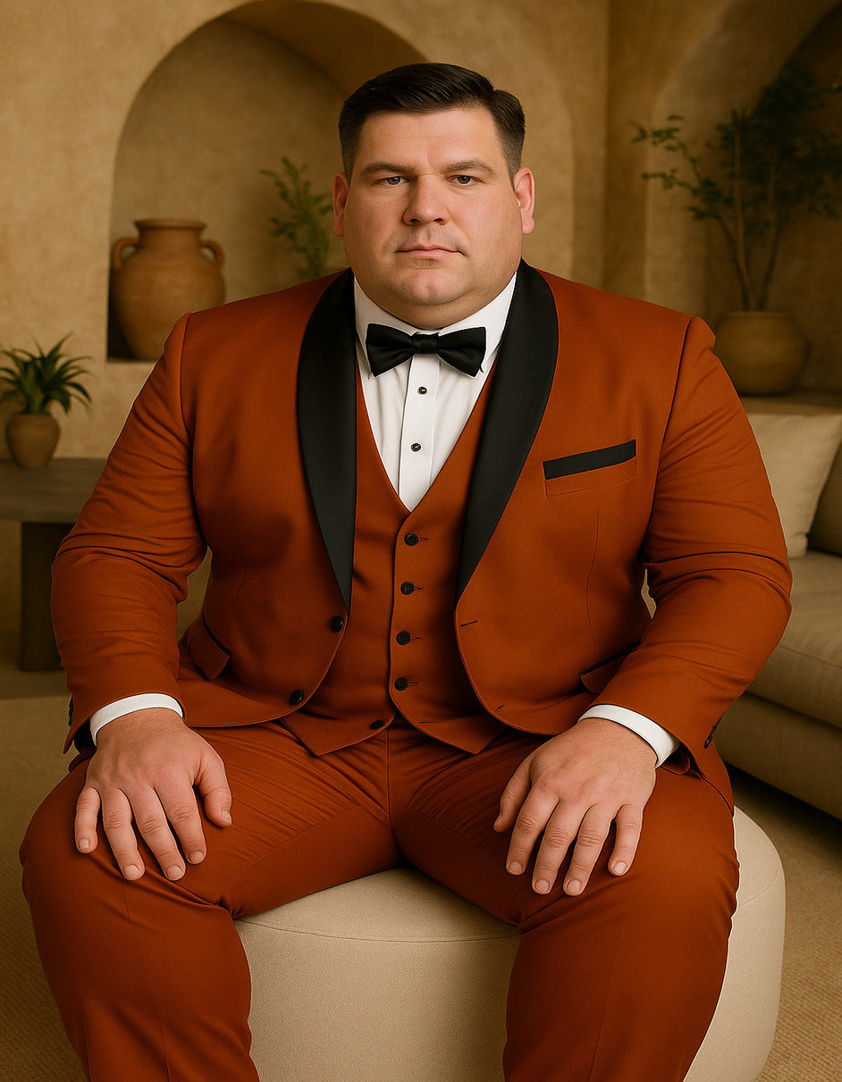 Men's Burnt Orange Tuxedo Suit – 3-Piece Slim Fit with Black Satin Shawl Lapel