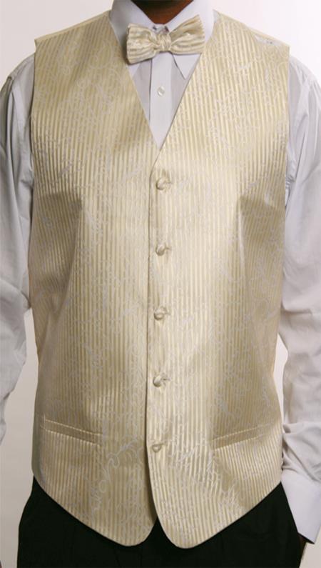 Men's 4 Piece JQD Groomsmen Dress Tuxedo Wedding Vest ~ Waistcoat ~ Waist coat Set (Bow Tie, Neck Tie, Hanky) Beige - Men's Neck Ties - Mens Dress Tie - Trendy Mens Ties