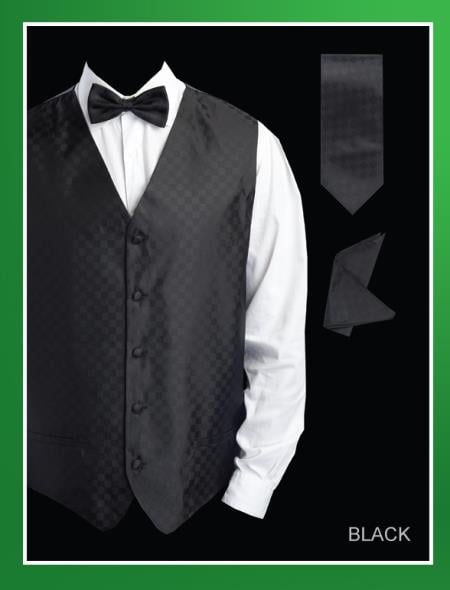 Men's 4 Piece Groomsmen Dress Tuxedo Wedding Vest ~ Waistcoat ~ Waist coat Set (Bow Tie, Neck Tie, Hanky) - Chessboard Checkered Black - Men's Neck Ties - Mens Dress Tie - Trendy Mens Ties