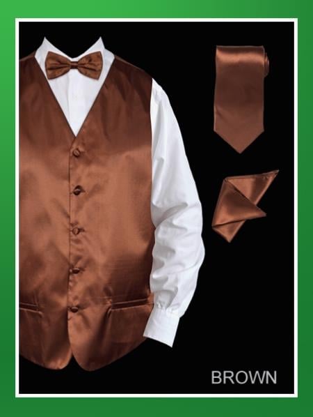 Men's 4 Piece Groomsmen Dress Tuxedo Wedding Vest ~ Waistcoat ~ Waist coat Set (Bow Tie, Neck Tie, Hanky) - Satin Brown - Men's Neck Ties - Mens Dress Tie - Trendy Mens Ties