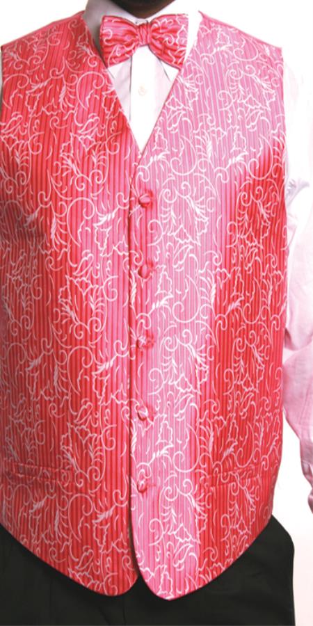 Men's 4 Piece JQD Groomsmen Dress Tuxedo Wedding Vest ~ Waistcoat ~ Waist coat Set (Bow Tie, Neck Tie, Hanky) Fuchsia ~ fuschia ~ hot Pink - Men's Neck Ties - Mens Dress Tie - Trendy Mens Ties