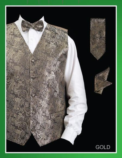 Men's Four Piece Groomsmen Dress Tuxedo Wedding Vest ~ Waistcoat ~ Waist coat Set (Bow Tie, Neck Tie, Hanky) - P A I S L E Y Design Gold - Men's Neck Ties - Mens Dress Tie - Trendy Mens Ties