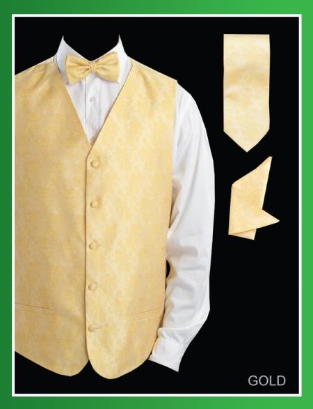 Men's Four Piece P A I S L E Y Jacquard Gold ~ Yellow ~ Banana - Groomsmen Dress Tuxedo Wedding Vest ~ Waistcoat ~ Waist coat Set (Bow Tie, Neck Tie, Hanky) - Men's Neck Ties - Mens Dress Tie - Trendy Mens Ties