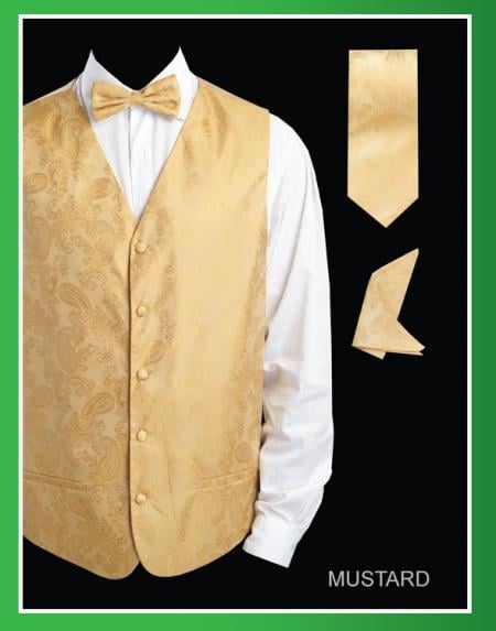 Men's Shiny P A I S L E Y Jacquard Mustard - Four Piece Groomsmen Dress Tuxedo Wedding Vest ~ Waistcoat ~ Waist coat Set (Bow Tie, Neck Tie, Hanky) - Men's Neck Ties - Mens Dress Tie - Trendy Mens Ties