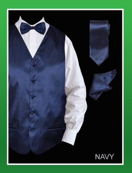 Men's 4 Piece Dress Tuxedo Wedding Vest ~ Waistcoat ~ Waist coat Set (Bow Tie, Neck Tie, Hanky) - Satin Navy - Men's Neck Ties - Mens Dress Tie - Trendy Mens Ties