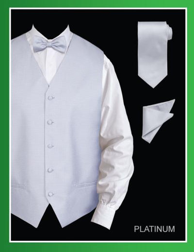 Men's 4 Piece Groomsmen Dress Tuxedo Wedding Vest ~ Waistcoat ~ Waist coat Set (Bow Tie, Neck Tie, Hanky) - Jacquard Platinum - Men's Neck Ties - Mens Dress Tie - Trendy Mens Ties