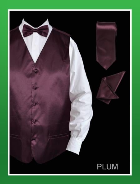 Men's 4 Piece Dress Tuxedo Wedding Vest ~ Waistcoat ~ Waist coat Set (Bow Tie, Neck Tie, Hanky) - Satin Very Dark Purple - Men's Neck Ties - Mens Dress Tie - Trendy Mens Ties