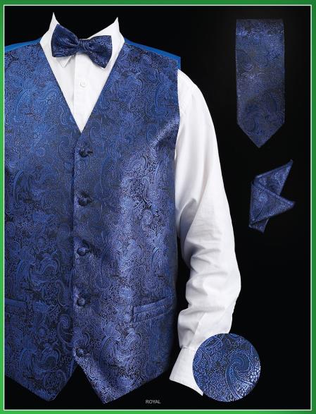 Men's Royal Blue P A I S L E Y Design - Four Piece Groomsmen Dress Tuxedo Wedding Vest ~ Waistcoat ~ Waist coat Set (Bow Tie, Neck Tie, Hanky) - Men's Neck Ties - Mens Dress Tie - Trendy Mens Ties