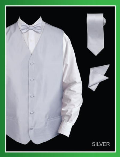 Men's 4 Piece Dress Tuxedo Wedding Vest ~ Waistcoat ~ Waist coat Set (Bow Tie, Neck Tie, Hanky) - Twill patterned Silver