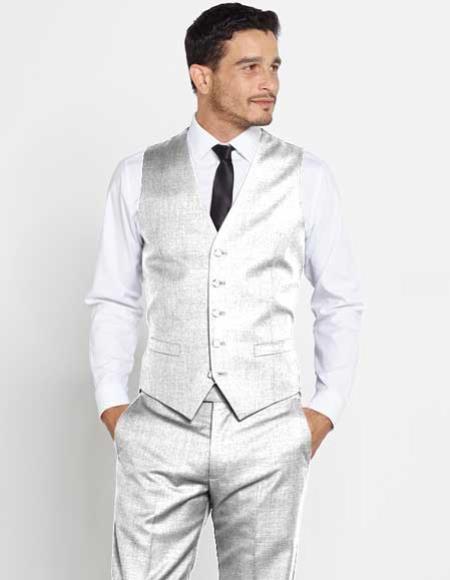 Men's Vest Silver Matching Solid Dress Pants Set + Any Color Shirt & Tie Regular Fit