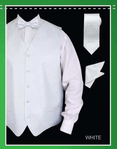 Men's 4 Piece Groomsmen Dress Tuxedo Wedding Vest ~ Waistcoat ~ Waist coat Set (Bow Tie, Neck Tie, Hanky) - Chessboard Checkered White - Men's Neck Ties - Mens Dress Tie - Trendy Mens Ties