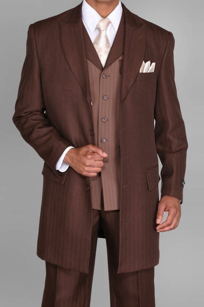 Mens Vested Peak Lapel Fashion Herringbone Zoot Suit in Brown