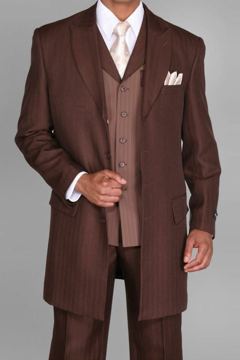 Mens Vested Peak Lapel Fashion Herringbone Zoot Suit in Brown