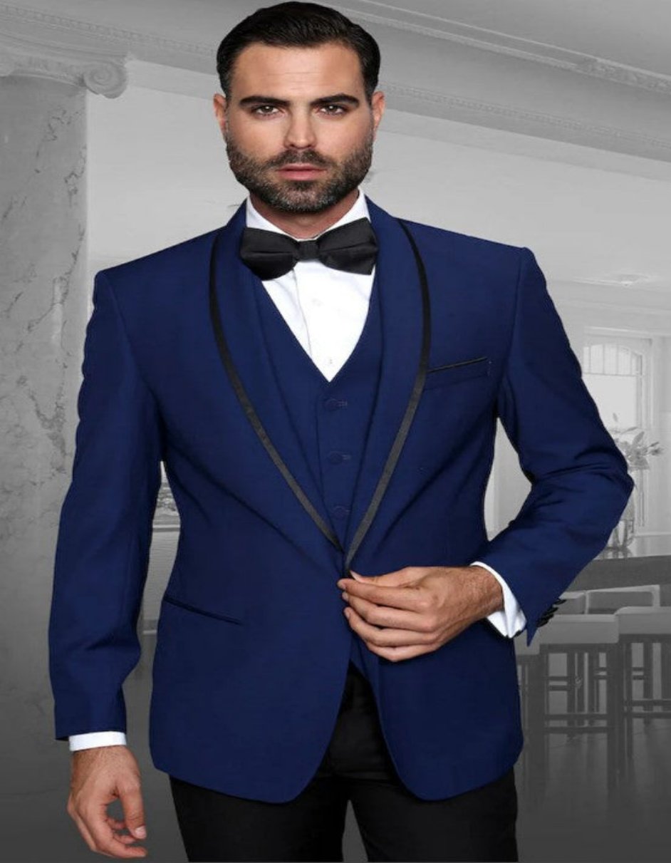 Sapphire Blue Prom Suit with Matching Vest and Black Pant