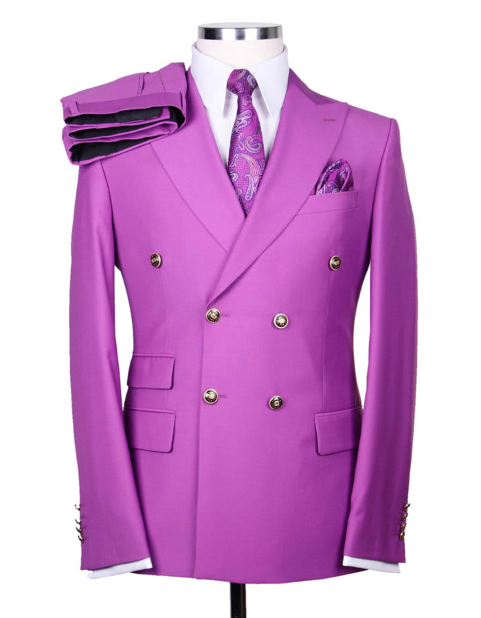 Modern Fit Double Breasted Wool Suit - Gold Buttons