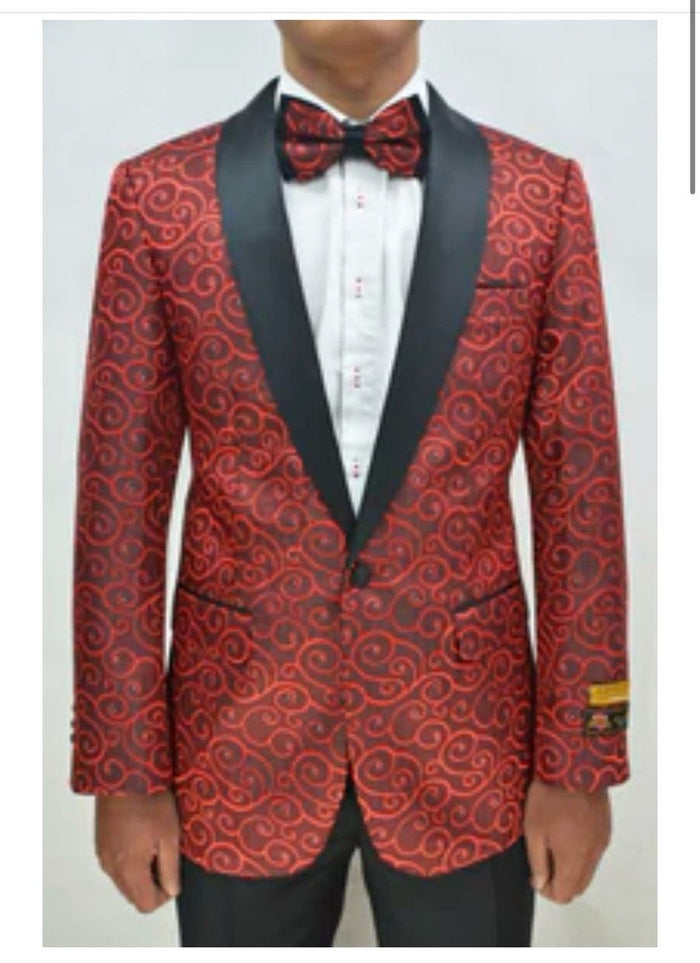 Red and Tuxedo Black Satin Shawl Blazer