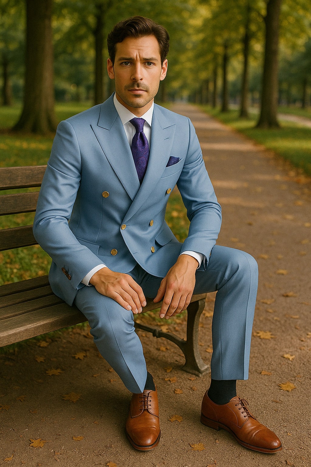 Light Blue Slim Double-Breasted Suit Gold Buttons
