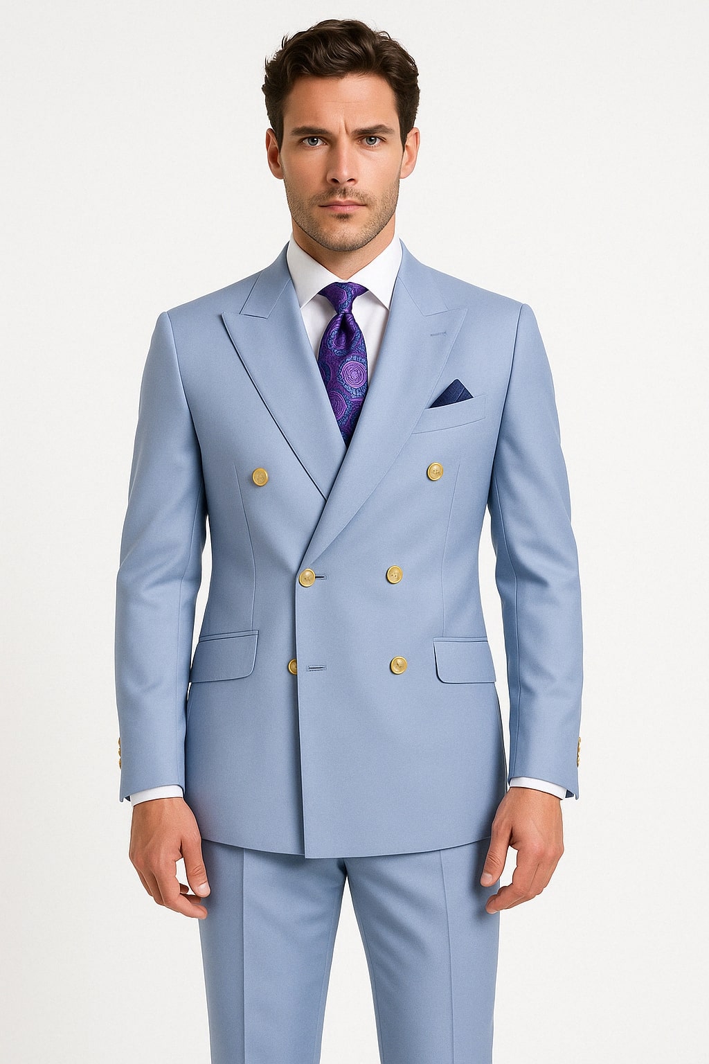 Light Blue Slim Double-Breasted Suit Gold Buttons