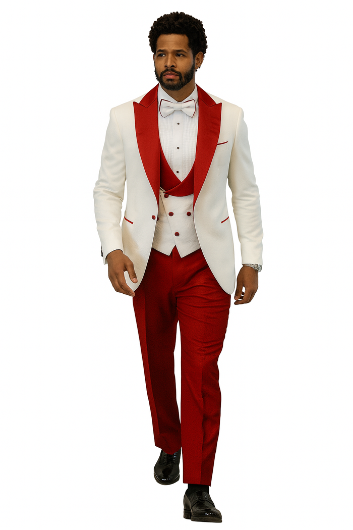 Hilton White Red Paisley Peak Lapel Tuxedo Set