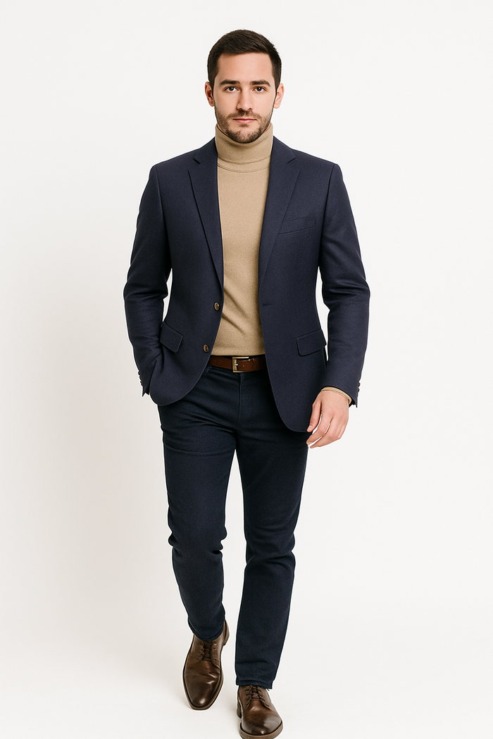 Navy Cashmere Two Button Jacket with Notch Lapel