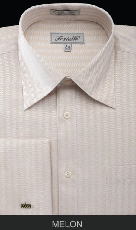 NTFRV4906 Men's French Cuff Best Cheap Priced Designer Sale Herringbone Tweed Dress Shirt ~ Stripe Melon Men's Dress Shirt