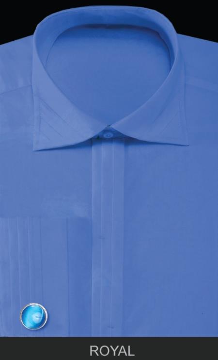 French Cuff Dress with Cuff Links - Solid Pleated Collar Royal Blue Men's Dress Shirt