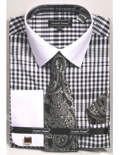 white Collared French Cuffed black Shirt with Tie/Hanky/Cufflink Set Men's Dress Shirt