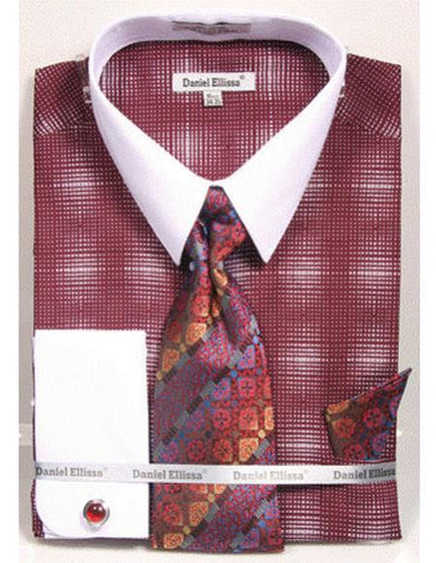 white Collared French Cuffed Burgundy ~ Wine ~ Maroon Color woven design Shirt with Tie/Hanky/Cufflink Set Men's Dress Shirt