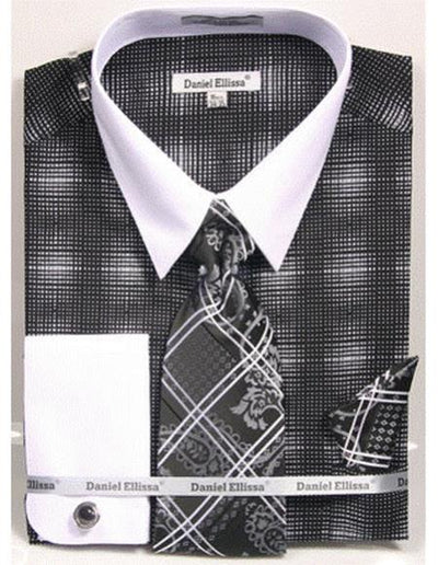 white Collared French Cuffed Black woven design Shirt with Tie/Hanky/Cufflink Set Men's Dress Shirt