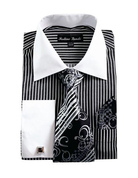 french cuff dress shirt and tie set Fratello FRV4105P2 Black/White Spread-Collar Dress Shirt with Tie & Hanky Set French Cuffs