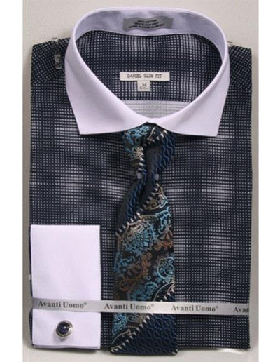 woven design white Collared French Cuffed navy Slim Fit Men's Dress Shirt