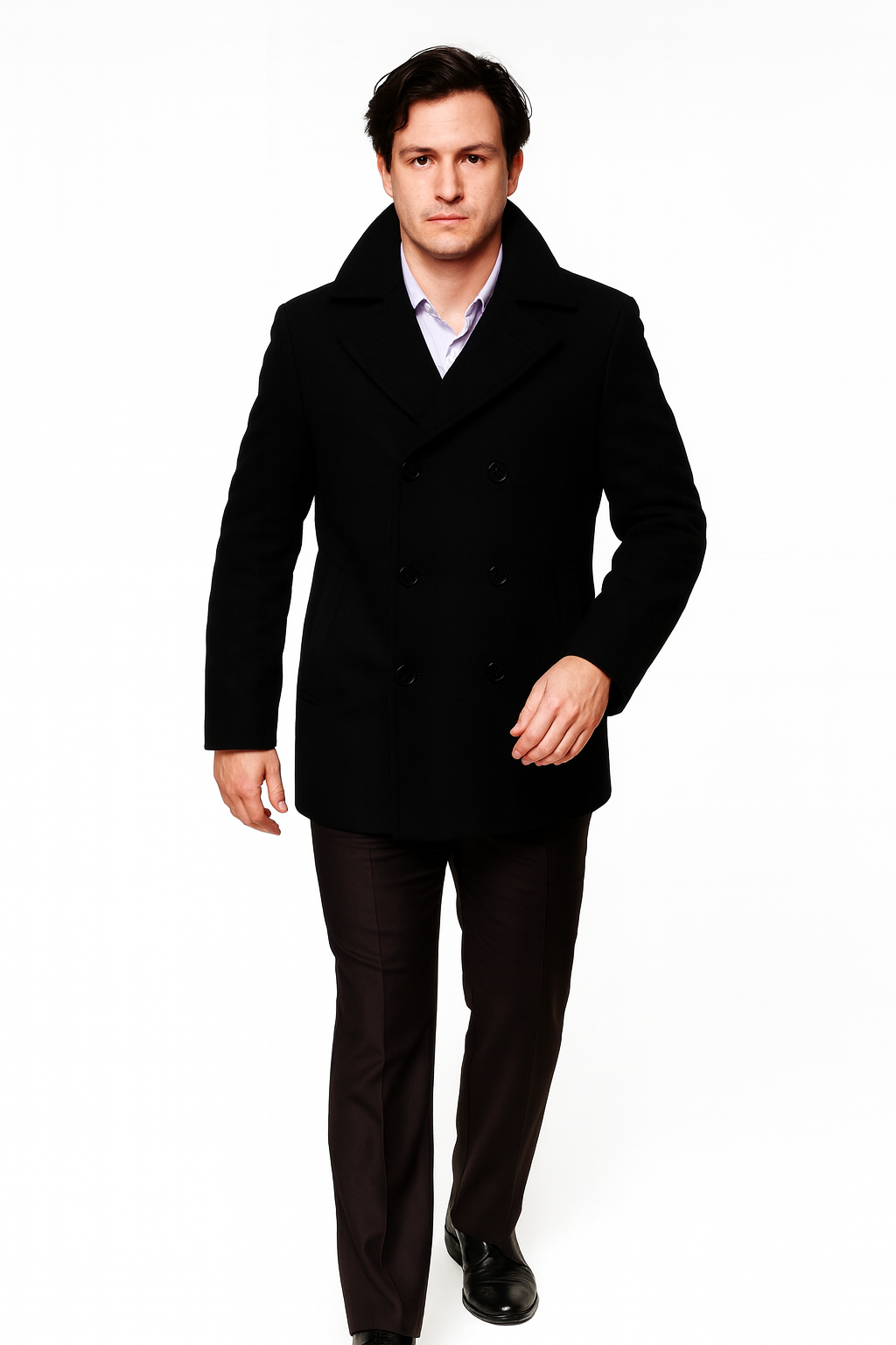 Men's Black Six Button Double Breasted Cheap Priced Mens Wool Peacoat Jacket