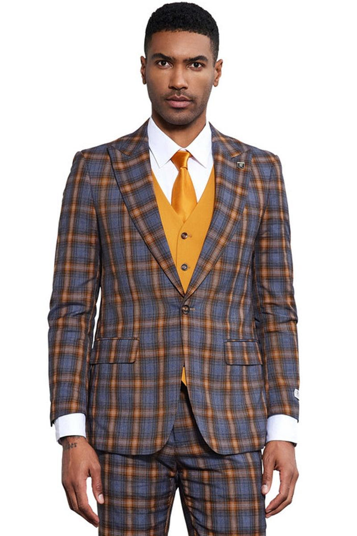 Stacy Adams Plaid Vested Suit in Grey & Gold