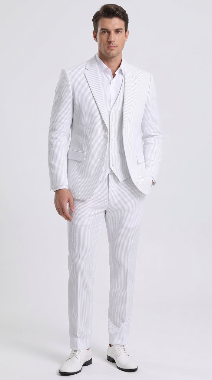 Men’s White Pinstripe Seersucker Summer Suit, Jacket and Pants Formal Wedding Beach Suit