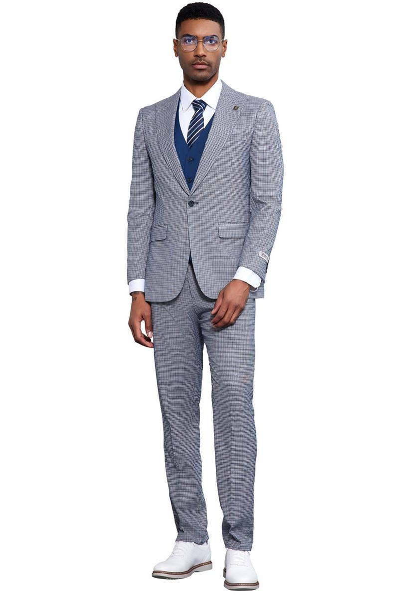 Stacy Adams Light Blue Vested Micro Check Suit