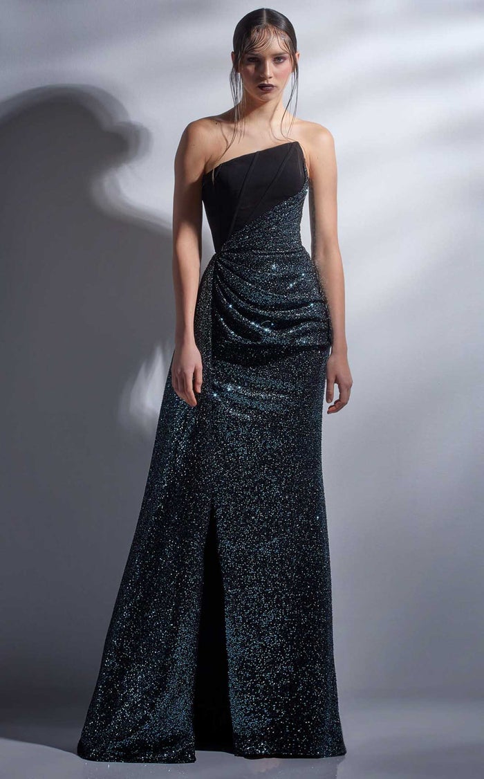 MNM Couture Gaby Charbachy G1251 Blue-Black Embellished Sheath Gown