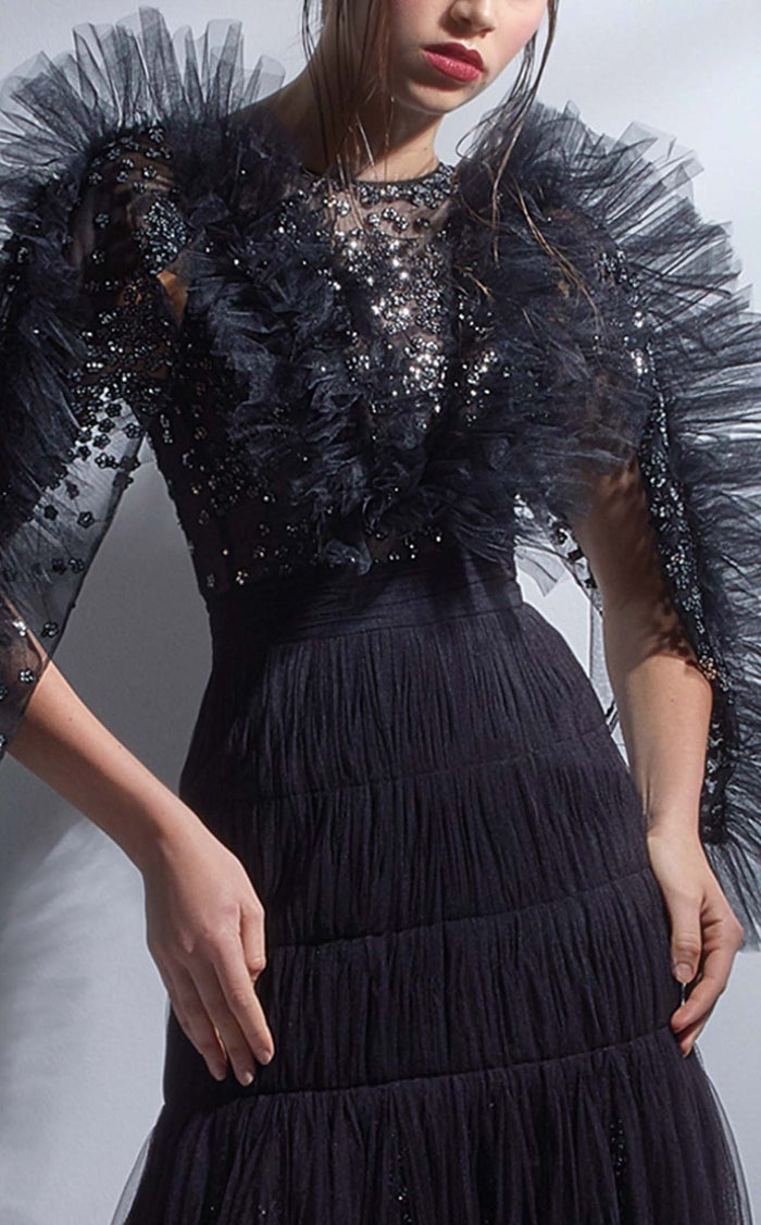 Gaby Charbachy G1275 High Neck Black Glitter A-Line Gown by MNM Couture